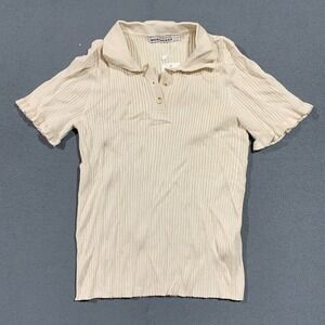 Brand New Women's Size L Knit‎ Polo Shirt Short Sleeve Ribbed Beige Streetwear